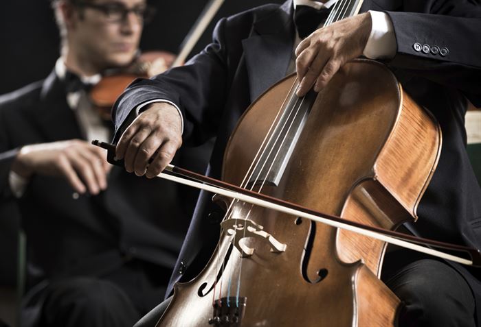 Cello professional player with symphony orchestra performing in concert on background.